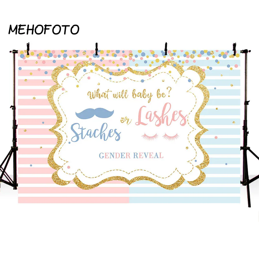 Staches or Lashes Gender Reveal Photography Backdrop Pink or Blue Mustaches or Lashes Gold Glitter Party Background