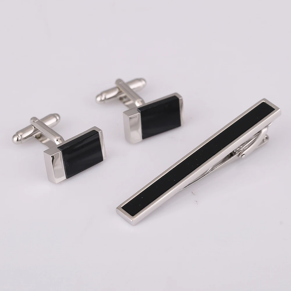 VAGULA Brass Cufflinks Tie Clip 3Pcs Set Luxury Bonito Black Stone Gemelos Classic Clasp Necktie Tie Pin Bar SET 35