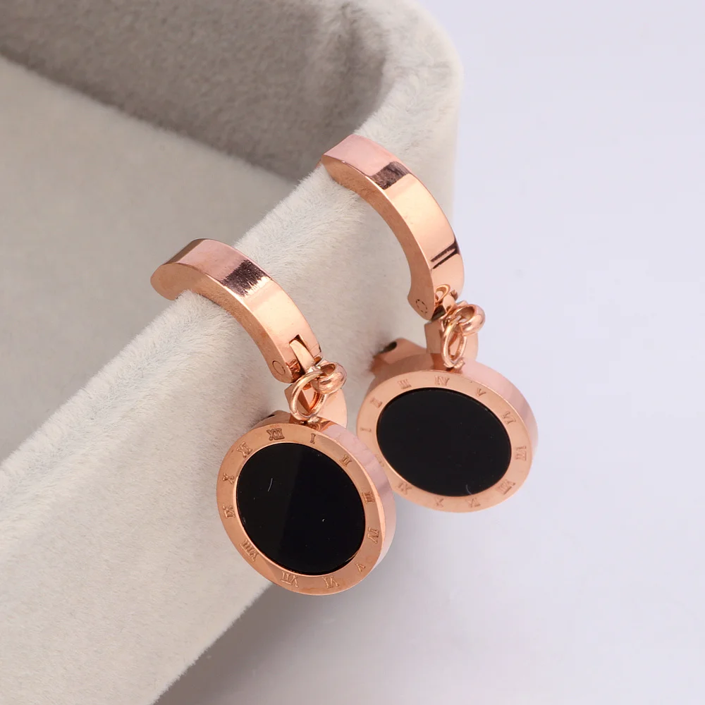 Hot Sale Brand Jewelry Rose Gold Color Drop Earrings Roman Numeral 316L Stainless Steel Earrings For Women Female Gift Bijoux E1