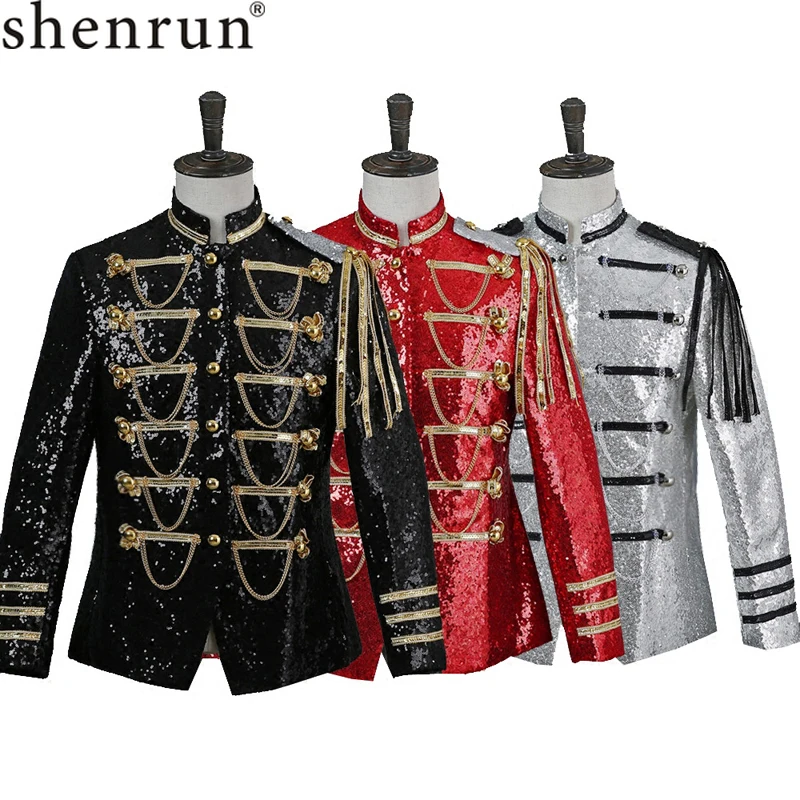 

Shenrun Men Classic Court Blazer Uniform Sequin Suit Jacket Slim Fit Paillette Silver Red Black Jackets Stage Costume Party Prom