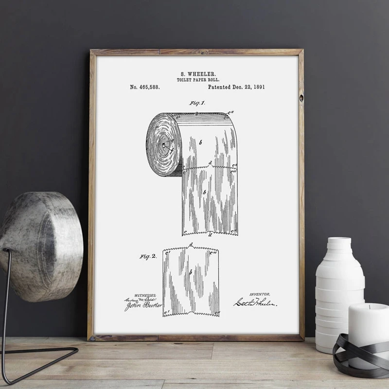 Toilet Paper Patent Vintage Poster Bathroom Wall Art Prints , Roll of Toilet Paper Blueprint Canvas Painting Wc Sign Home Decor
