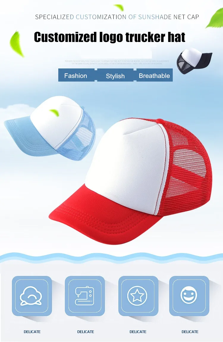 1-teilige Sommer-Trucker-Mütze mit individuellem Logo für Männer und Frauen, Netz-Polyester-Baseballkappe, bedrucktes Netz, Papa-Hüte, verstellbares Sonnenhut-Visier – Detail 2