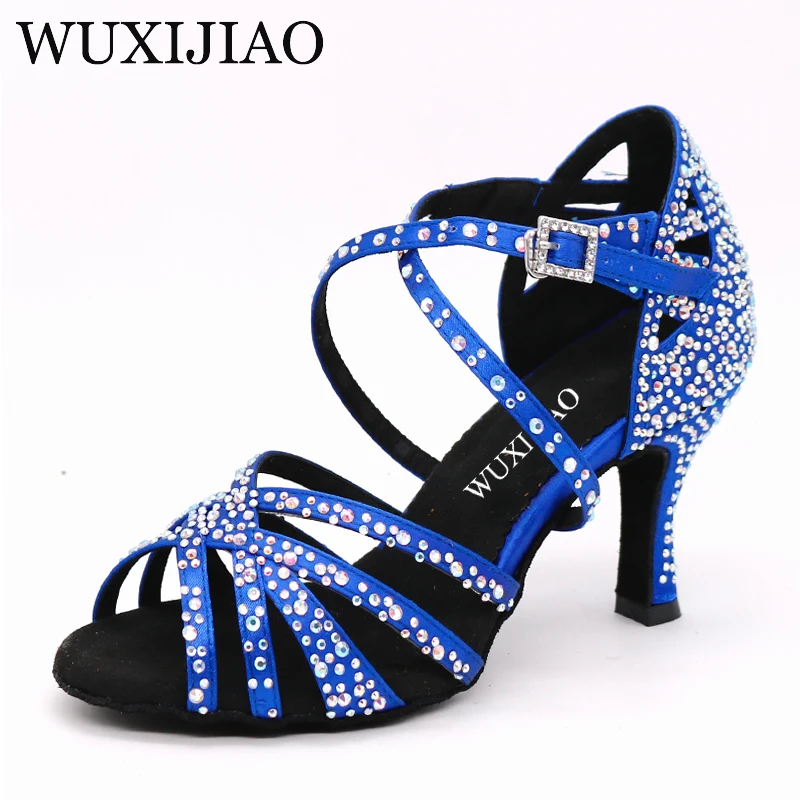 WUXIJIAO Latin dance shoes big small rhinestone bright Red blue satin Women Salsa dance shoes wedding party shoes Flare 7.5cm