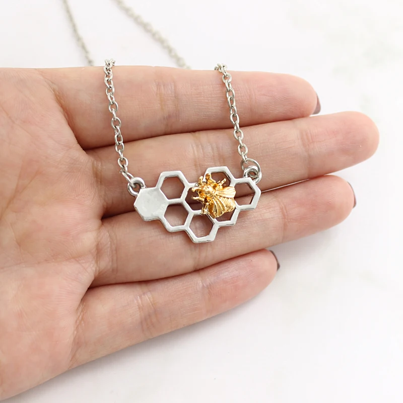 Bee Hive Animal Honeybee Pendant Necklace Silver color Honeycomb Necklace with Bee Charm  by tangerine jewelry