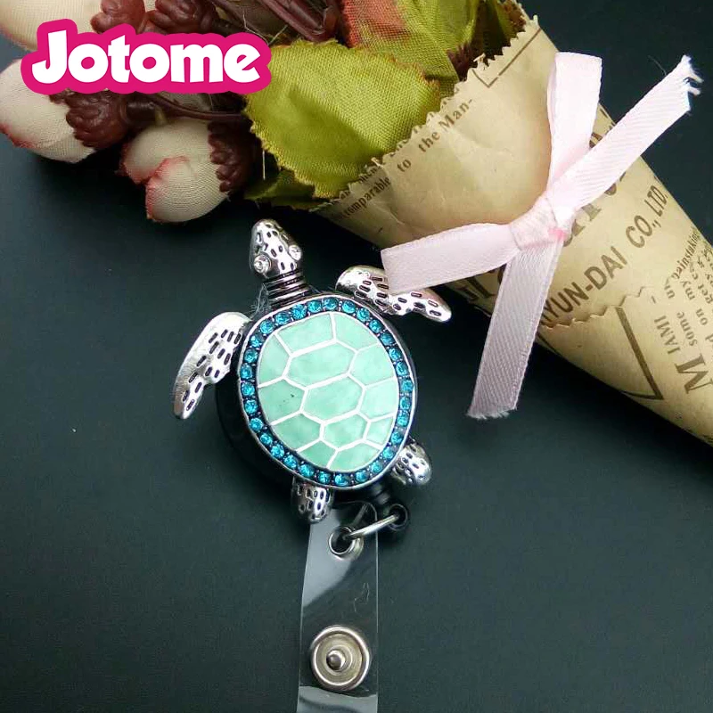 1/10/20 pcs/lot Hot Sale Enamel Cute Green Turtle Rhinestone Animal Retractable Badge Reel