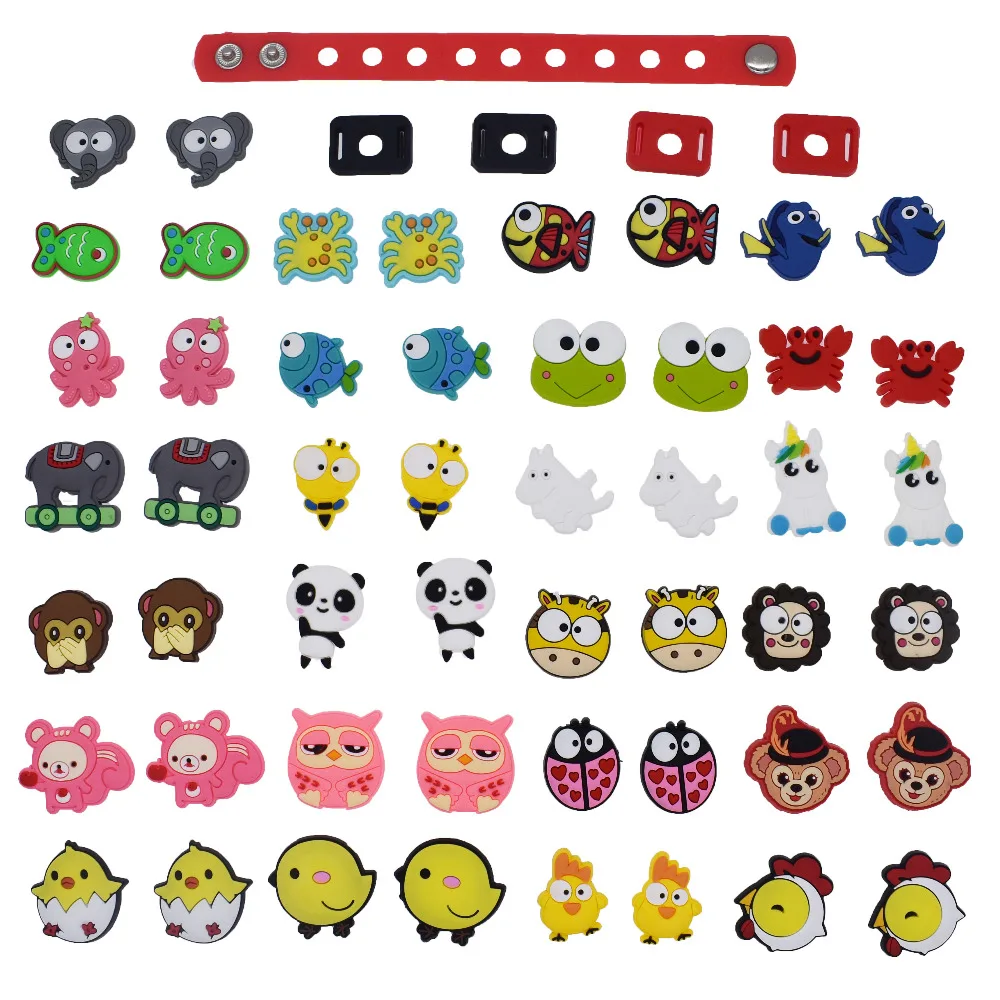 50Pcs Animal Fish Elephant Panda Shoes Charms Fits Clog Shoes & Wristband + 4Pcs Shoe Lace Adapter + 1Pcs 7.08 Bracelet