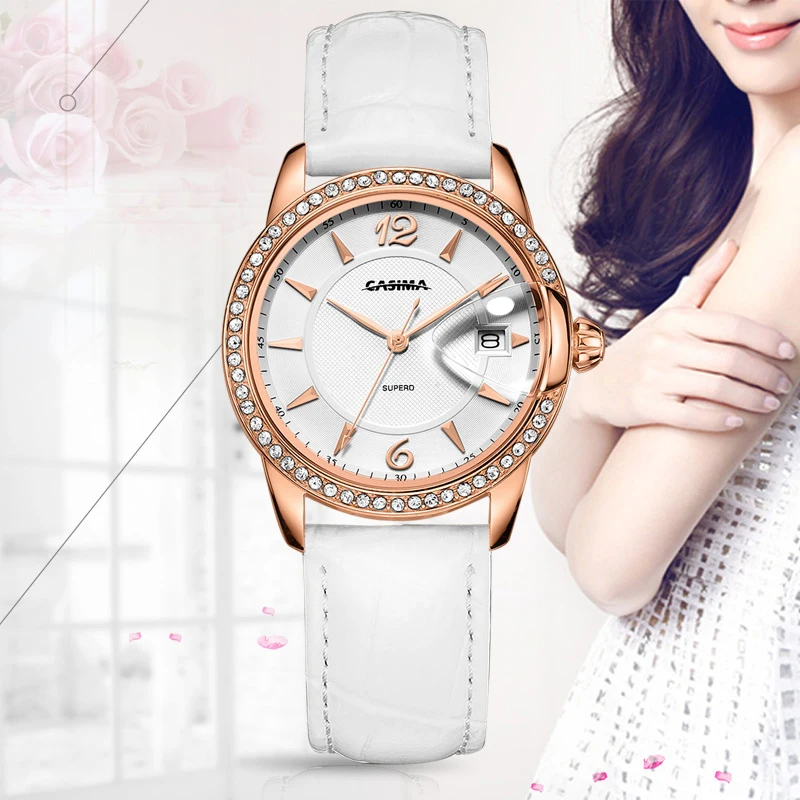 CASIMA Fashion Eleglant Leather Watchband Stainless Steel Waterproof Calendar Women's Watches with Rhinestones for gift 2631