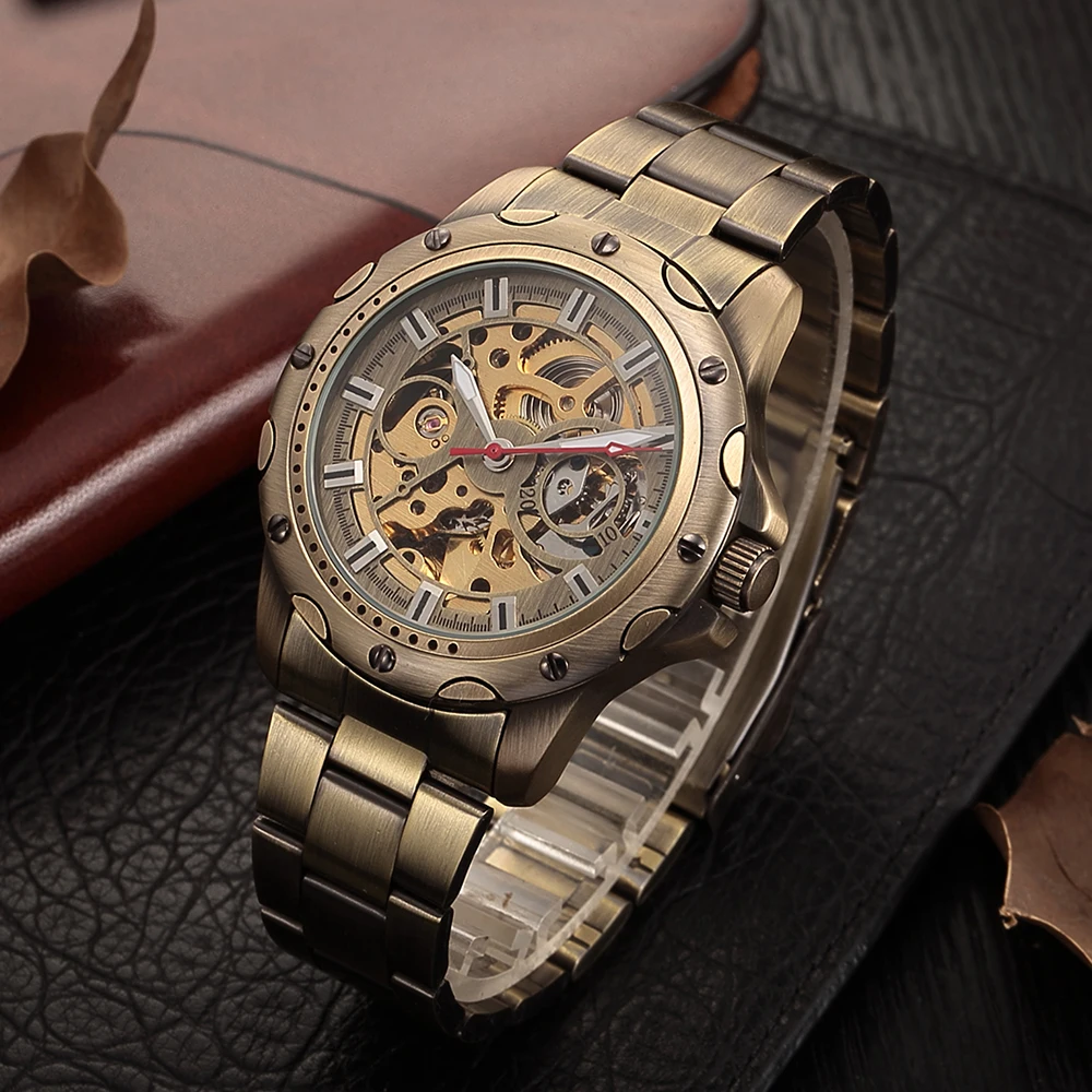 SHENHUA Mens Watches Vintage Clock Bronze Skeleton Automatic Wristwatch Mechanical Self Winding Steel Strap Relogio Masculino