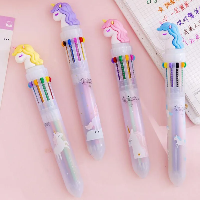 1pc Kawaii Unicorn 10 Color Pen Creative Multicolor Cartoon Ten Colors Ballpoint Pen Student Office School Supplies Stationery