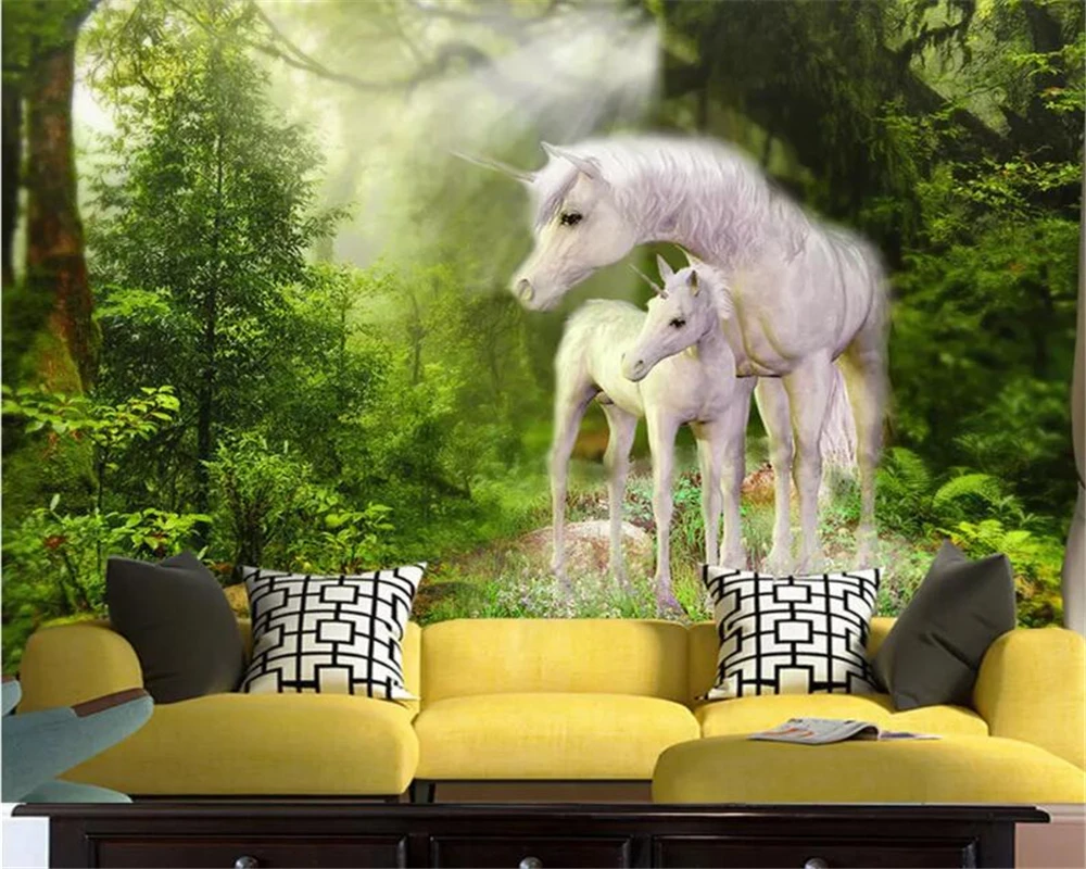 

beibehang Children's room wall custom wallpaper nature green forest white horse High quality silk material 3d wallpaper behang