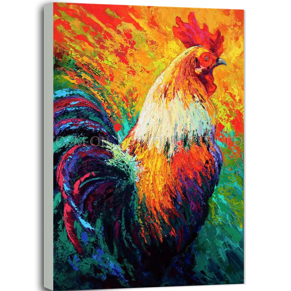 

High Skilled Artist Handmade Impression Animal Cock Oil Painting on Canvas Colorful Rooster Oil Painting for LIving Room