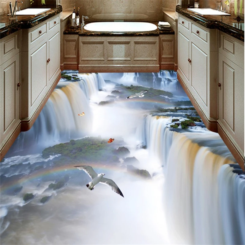 beibehang bathroom floor waterfall 3D wall paper mural thickening waterproof non-slip floor painting pvc self adhesive wallpaper