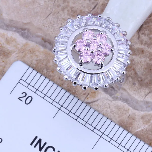 Superb Pink White CZ Silver Plated Jewelry Sets Earrings Pendant Ring Size 6 - 9 S0132