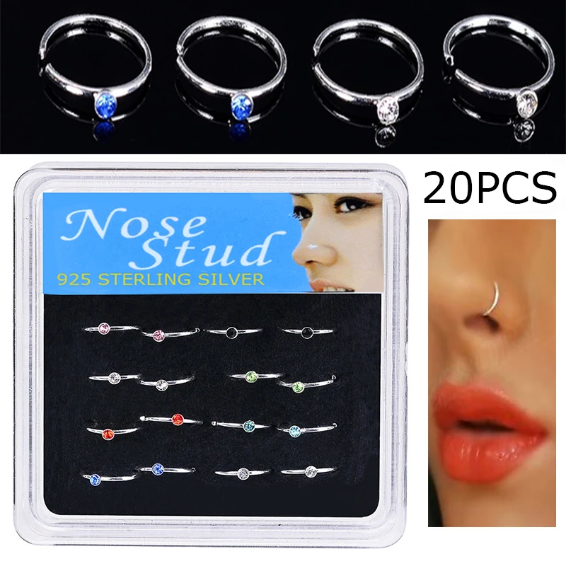 Walerv 20pcs Nose Rings Colorful Multicolor Round Crystal Nose Piercing for Women Body Piercing Jewelry Gift