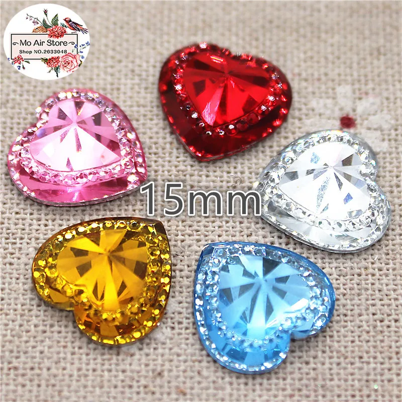 50pcs shiny red heart Acrylic rhinestone Flat back Cabochon Art Supply Decoration Charm Craft DIY 15mm no hole