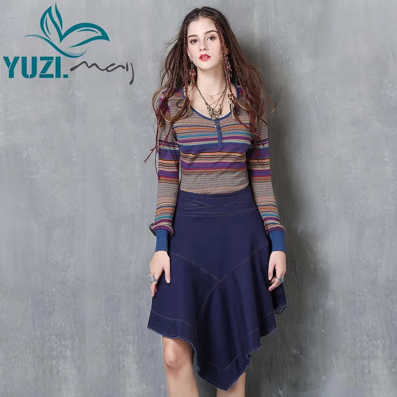 T-shirt Women 2017 Yuzi.may Boho New Cotton Linen Tshirt Long Lantern Sleeve O-Neck Loose Skin Friendly Women Tshirts B9222