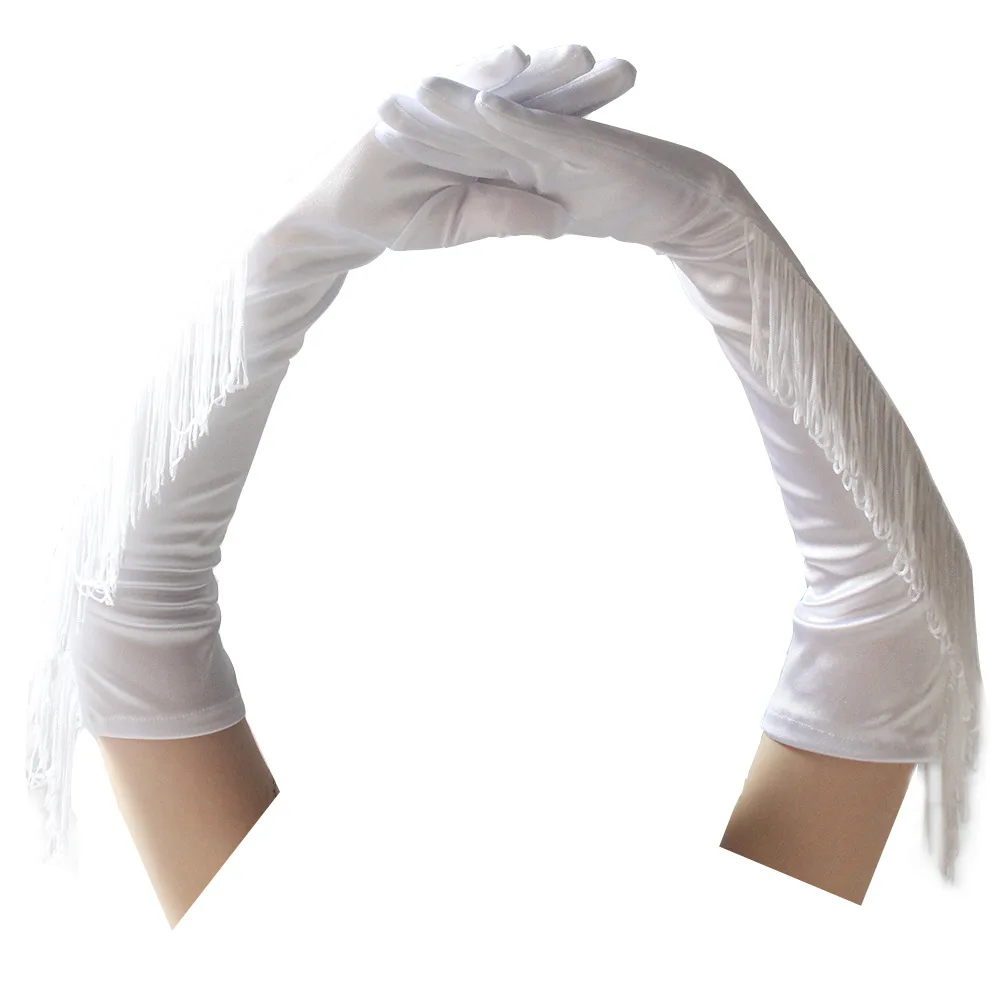 JaneVini-guantes de boda de satén con borlas para novia, largos, negros y blancos, para espectáculo de baile latino, rojos, de dedo completo