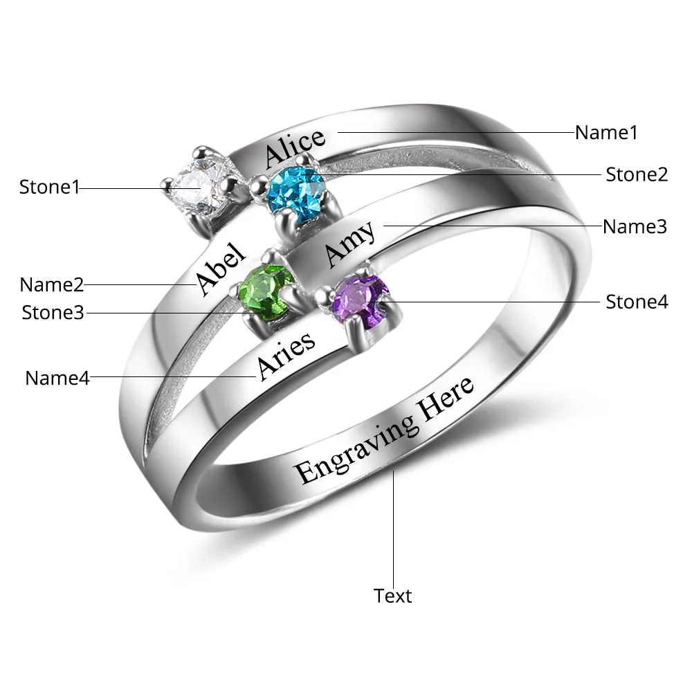 Amxiu Custom Any Size Name Ring Personalized 925 Sterling Silver Ring Engrave Four Names with Birthstones Rings For Women Gift