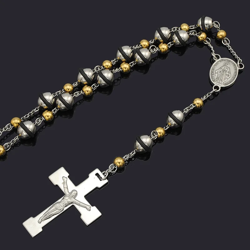 Women Jewelry Cool Stainless Steel Beads Necklace Religious Cross Pendant Necklace Rosary 2025 New Arrival RN62