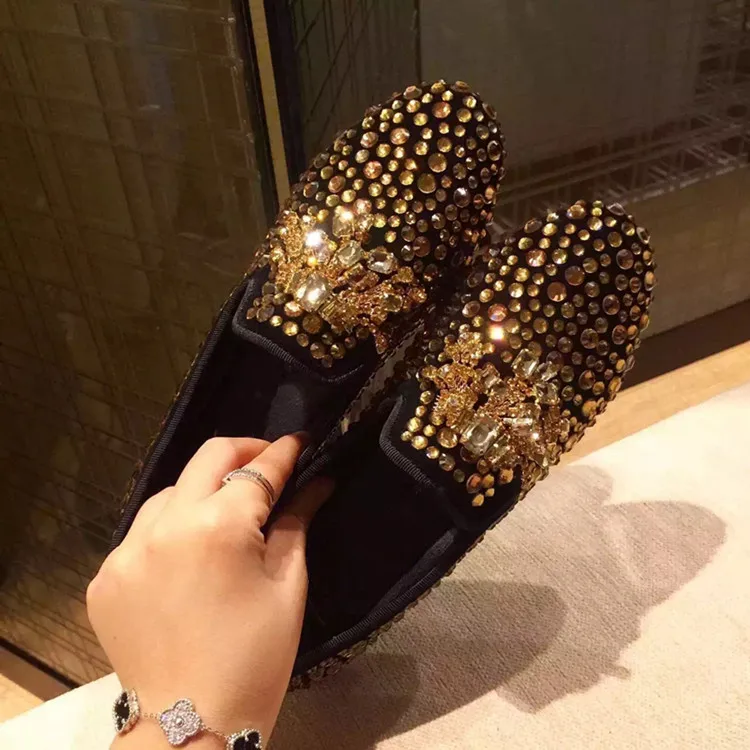 Frühling Gold schwarz 2024 handgemachte Strass Männer Schuhe Kristall Slipper männliche Luxus Party Hochzeit Schuhe schlüpfen auf Herren flache Schuhe