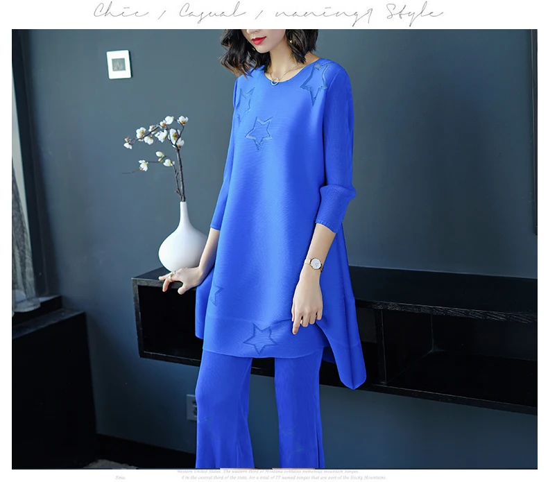 HOT SELLING Miyake Fashion fold pure color three quarter sleeve T-shirt + leisure nine points bell-bottomed pants suit IN STOCK