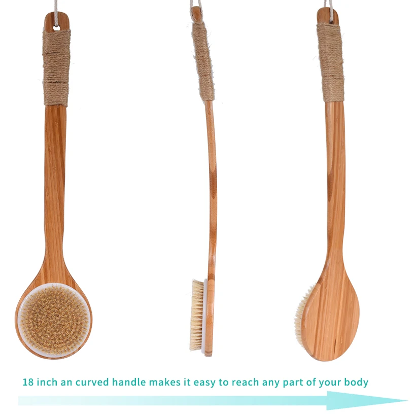 TREESMILE Dry Bath Body Brush Back Scrubber with Anti-slip Long Wooden Handle, 100% Natural Bristles Body Massage Brush D40