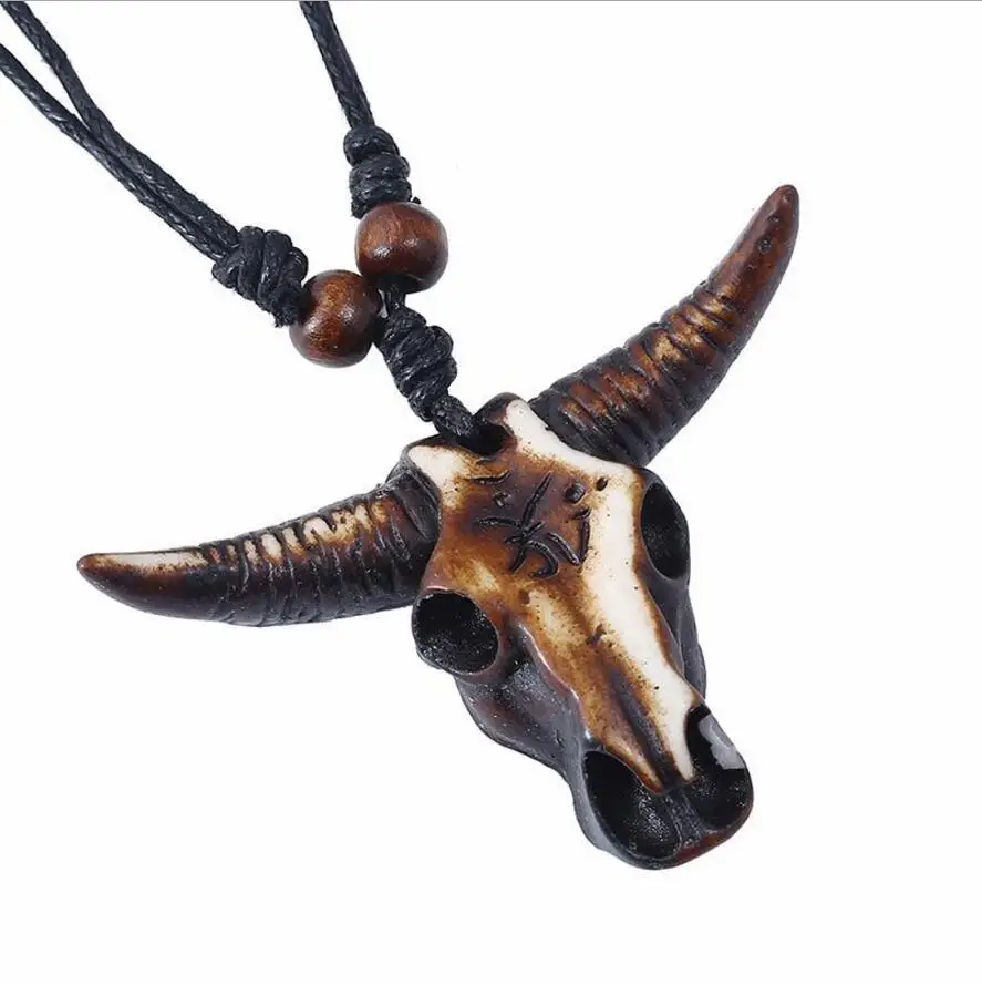 Vintage Ethnic Biker Bull Skull Goat Head Necklace Male Pendant Necklaces Cow Pagan Pendant Retro Leather Resin Neclace Men