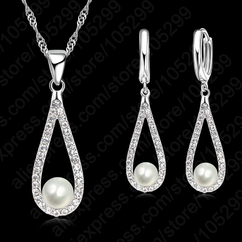 Real 925 Silver Needle Shiny CZ Crystal Water Drop Pearl Necklaces For Woman Fine Jewelry Wedding Earring Set Gift Hot