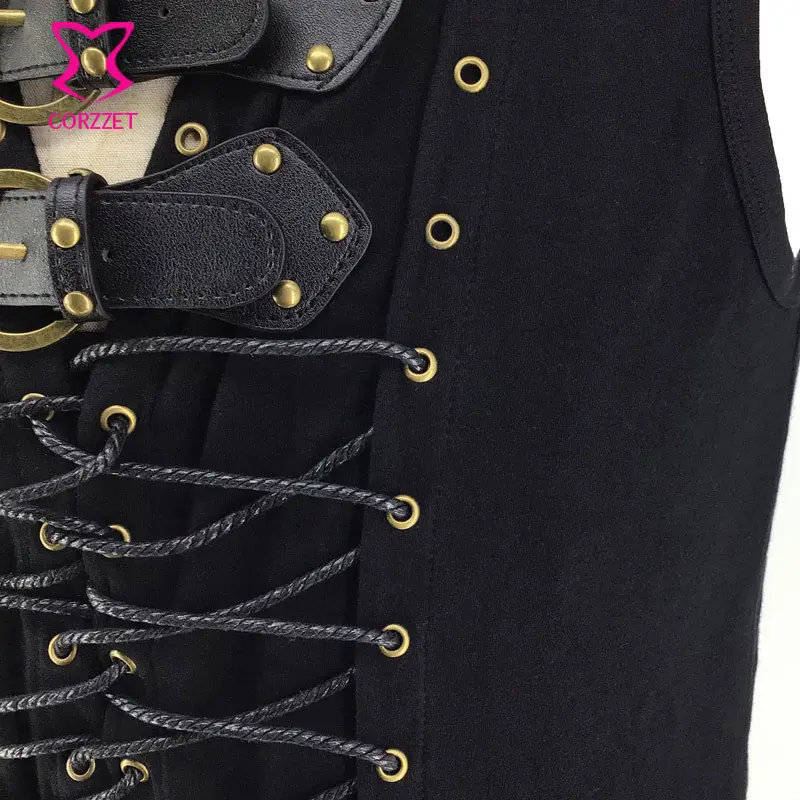 Steampunk Vest Men Suit Gilet Homme Black Belt Buckle & Lace Up Sleeveless Waistcoat Jacket Victorian Gothic Vintage Corset Vest