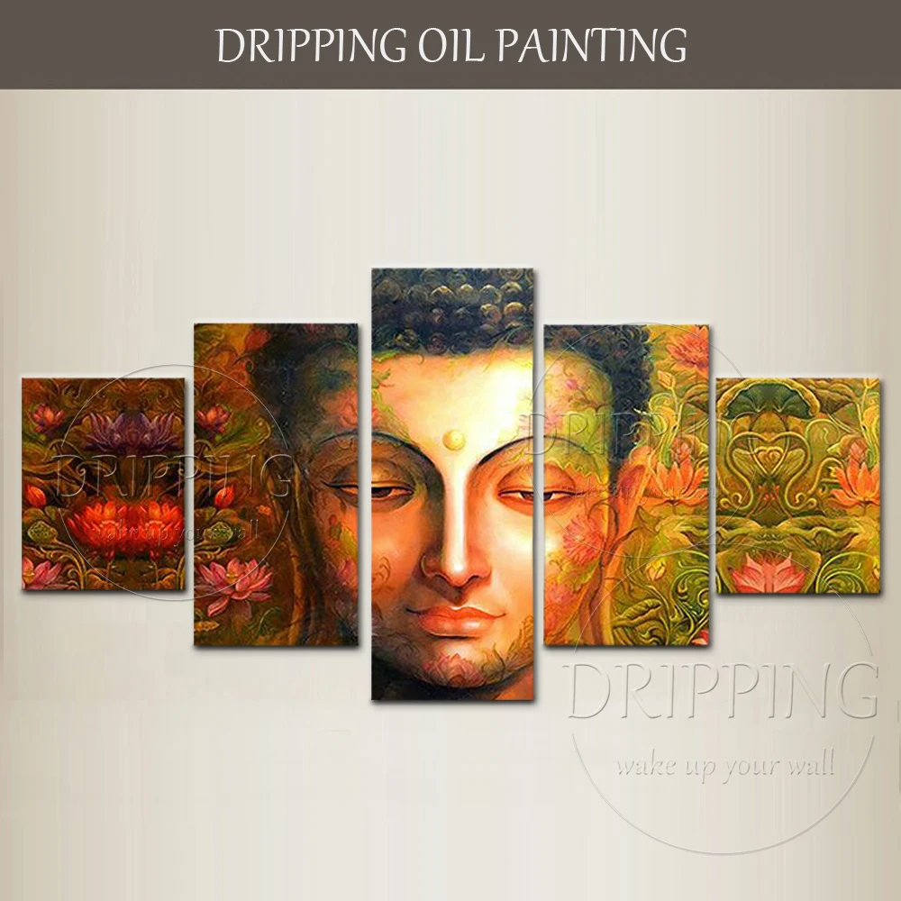 

Beautiful Modern Wall Art Hand-painted High Quality Buddha Head and Lotus Oil Painting on Canvas 5 Pieces Buddha Oil Painting