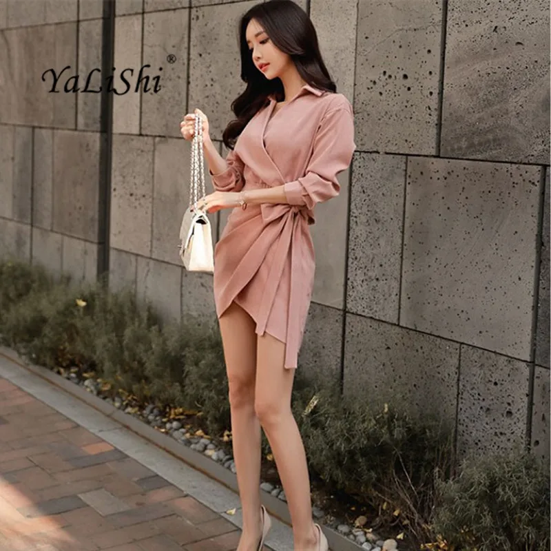 

2022 Spring Summer Elegent Pink Dress Turn Down Women Asymmetrical Dresses Long Sleeves Office Dress Women Vestidos Rosa