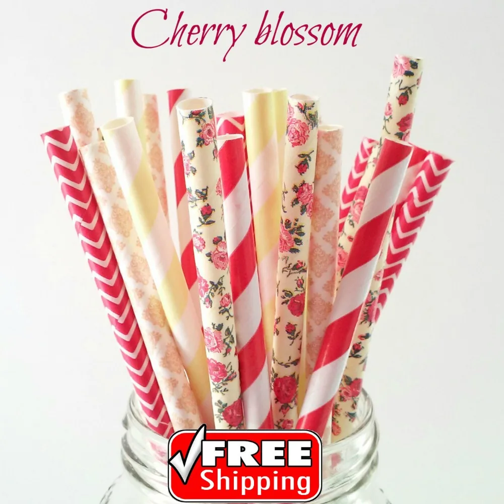 250 Pcs Mixed 5 Designs CHERRY BLOSSOM Themed Paper Straws-Light Yellow,Peach,Red-Striped,Chevron,Damask,Floral Garden Summer