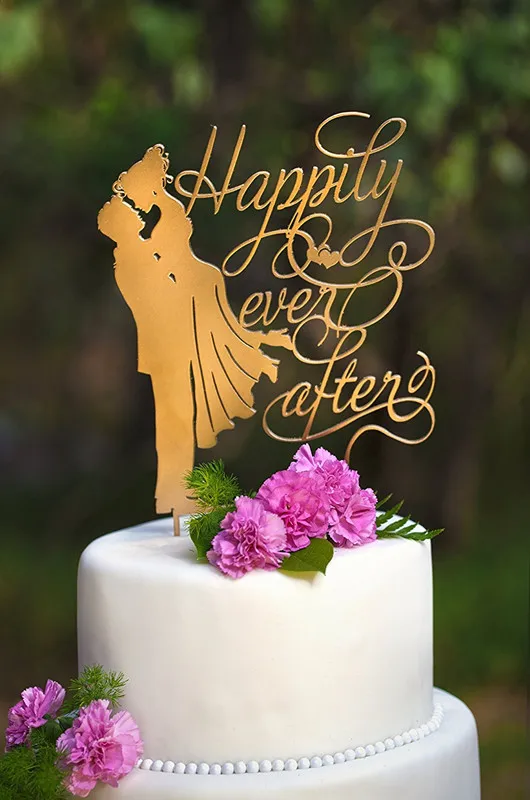 Mirror Gold Happily Ever After Bride and Groom Silhouette Wedding Cake Topper Cake Stand for Wedding Decoration Cake Accessory