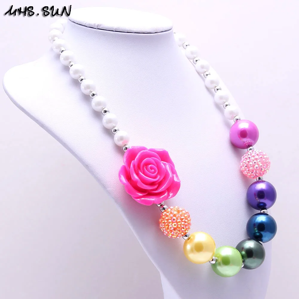 MHS.SUN 1PC Beautiful Rainbow Color Kid Chunky Necklace Flower Toddlers Girls Bubblegum Bead Chunky Necklace Children Jewelry