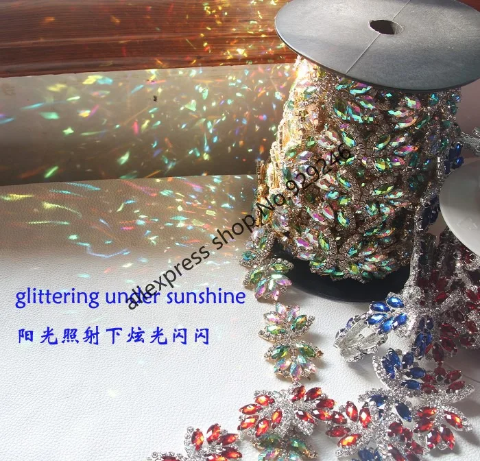 1 yard/lot fashion butterfly-tie red blue AB color crystal rhinestone gold chain popular stone trimming dress garment decoration