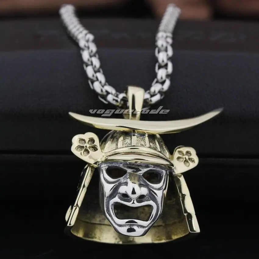 LINSION Brass Japanese Samurai Armor 925 Sterling Silver Face Mark Mens Biker Punk Pendant 8Q024