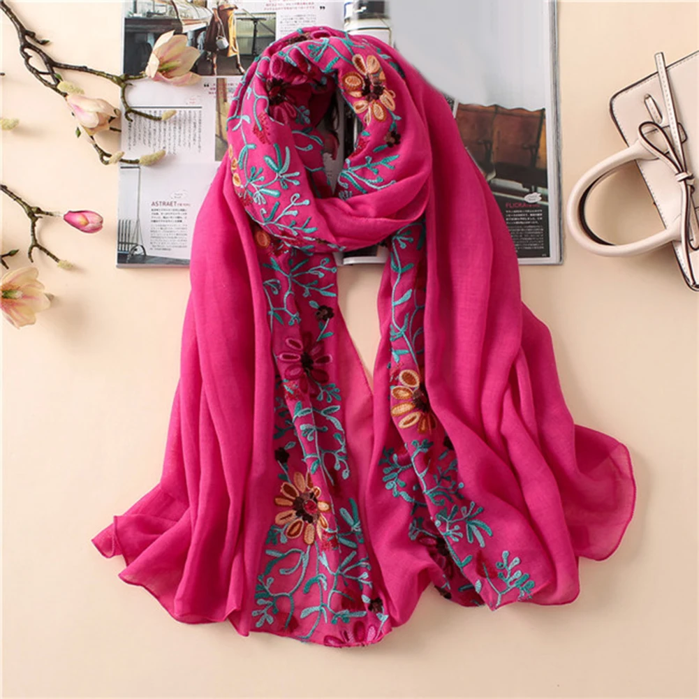 Embroidered Flower Scarf Cotton Women Long Bandana Scarves Girl Shawl Gift new