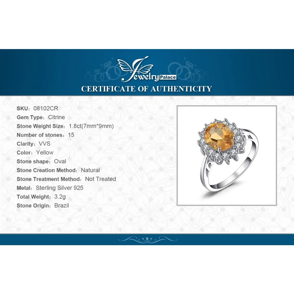 JewelryPalace 1.8ct Princess Diana Natural Citrine 925 Sterling Halo Ring for Woman Wedding Engagement Jewelry Party Fine Gift