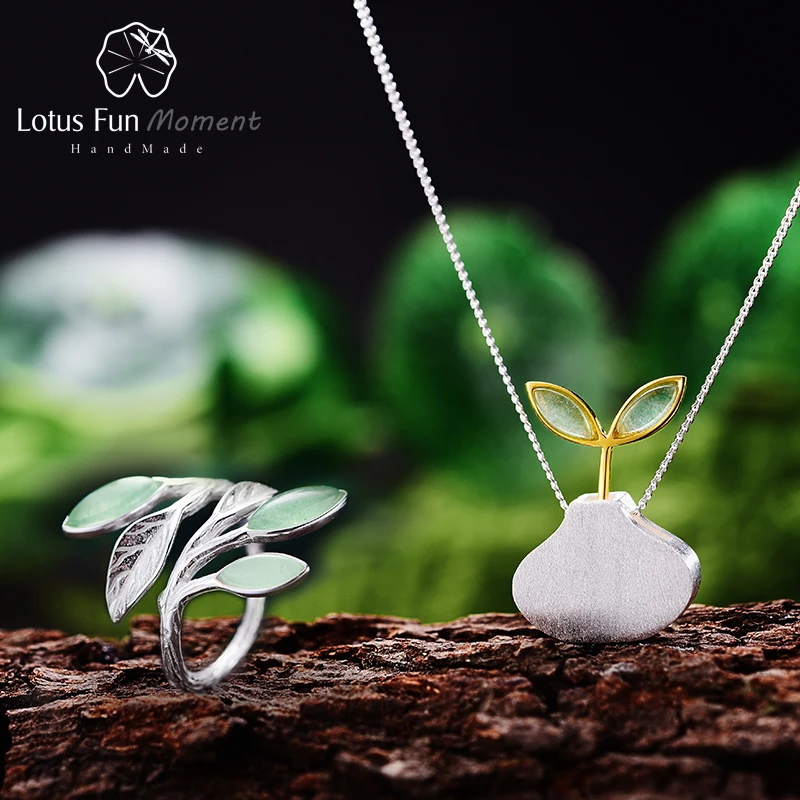 

Lotus Fun Moment Real 925 Sterling Silver Natural Stone Creative Fashion Jewelry Spring in the Air Leaves Jewelry Set For Women