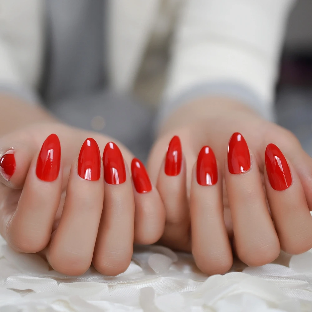 Bright Red Stiletto Fake Nails Medium Long Simple False Nail Shiny Sexy Lady Full Covered Nail Tips 24 pieces