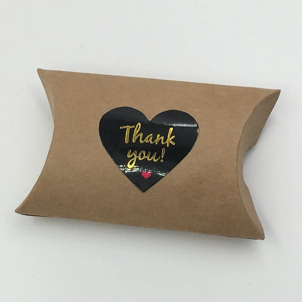 25Pcs Natural Brown Paper Pillow Pouch Jewelry Box With Hot Stamping Golden Thank You Heart Stickers Hemp Rope Strings 8x5.5x2cm