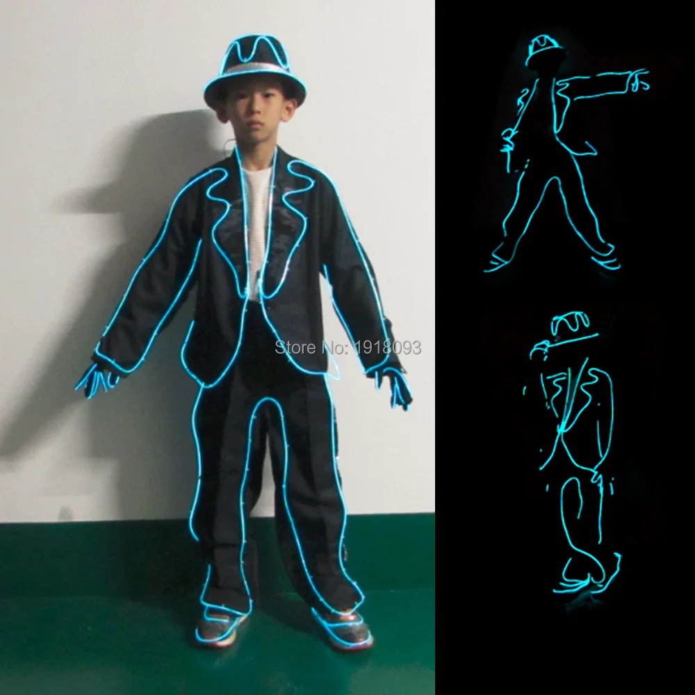 

MJ Style for Club Show EL Wire Suits EL Costumes DIY Children Clothing Cool Fashion Talent Show LED Strip Glowing Props