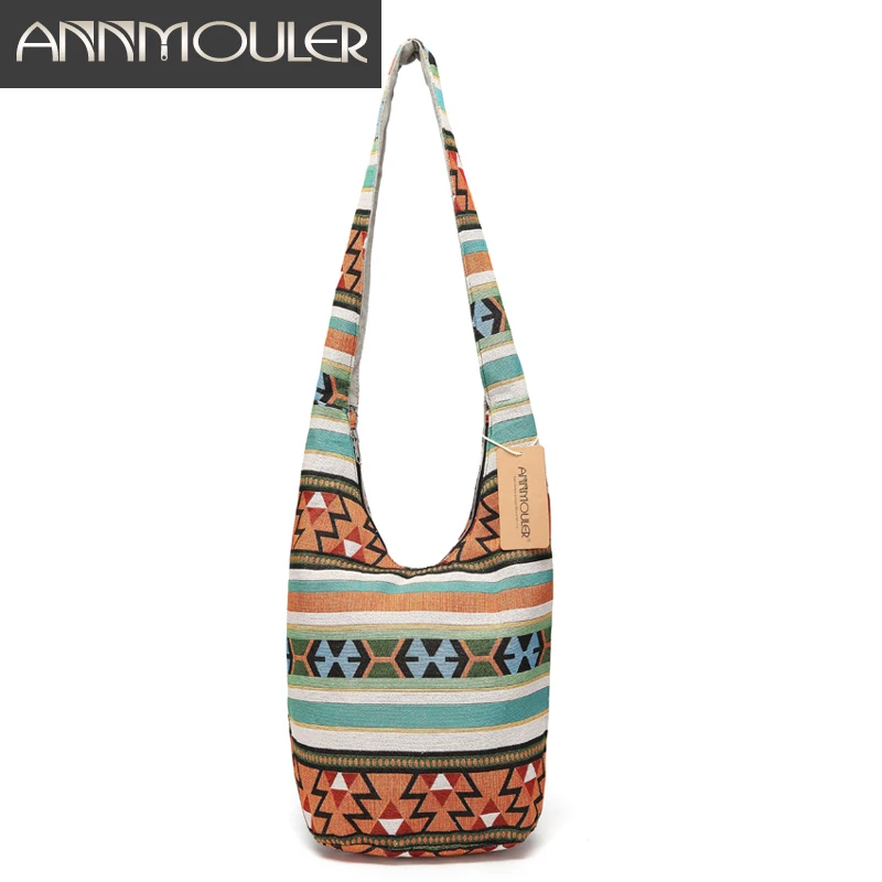 

Annmouler Large Capacity Women Shoulder Bag Bohemian Style Crossbody Bag High Quality Cotton Bag Geometric Messenger Bag