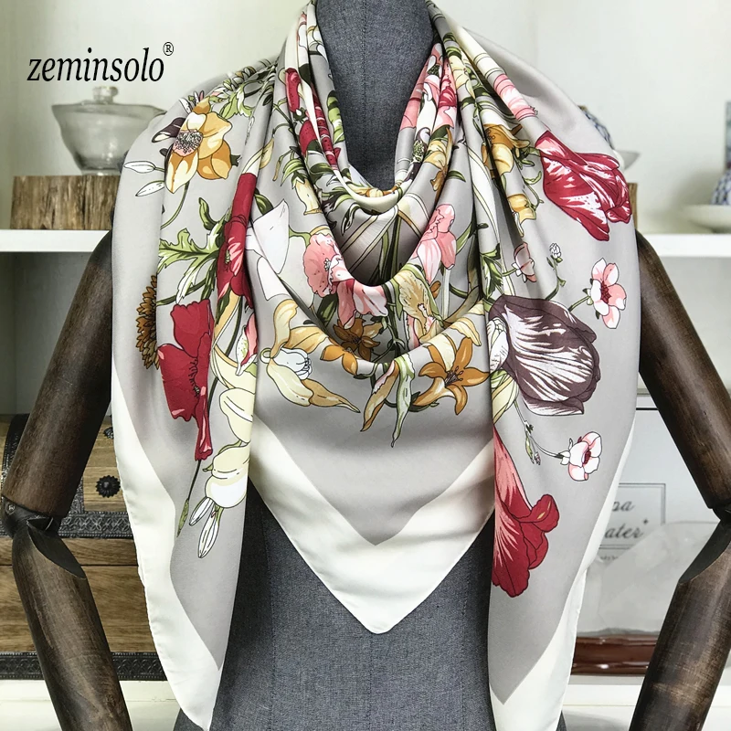 2020 Luxury Brand 100% Silk Scarf Multicolor Square Scarves Paris Design Print Kerchief Women Neck Shawl Wrap Echarpe 130*130cm