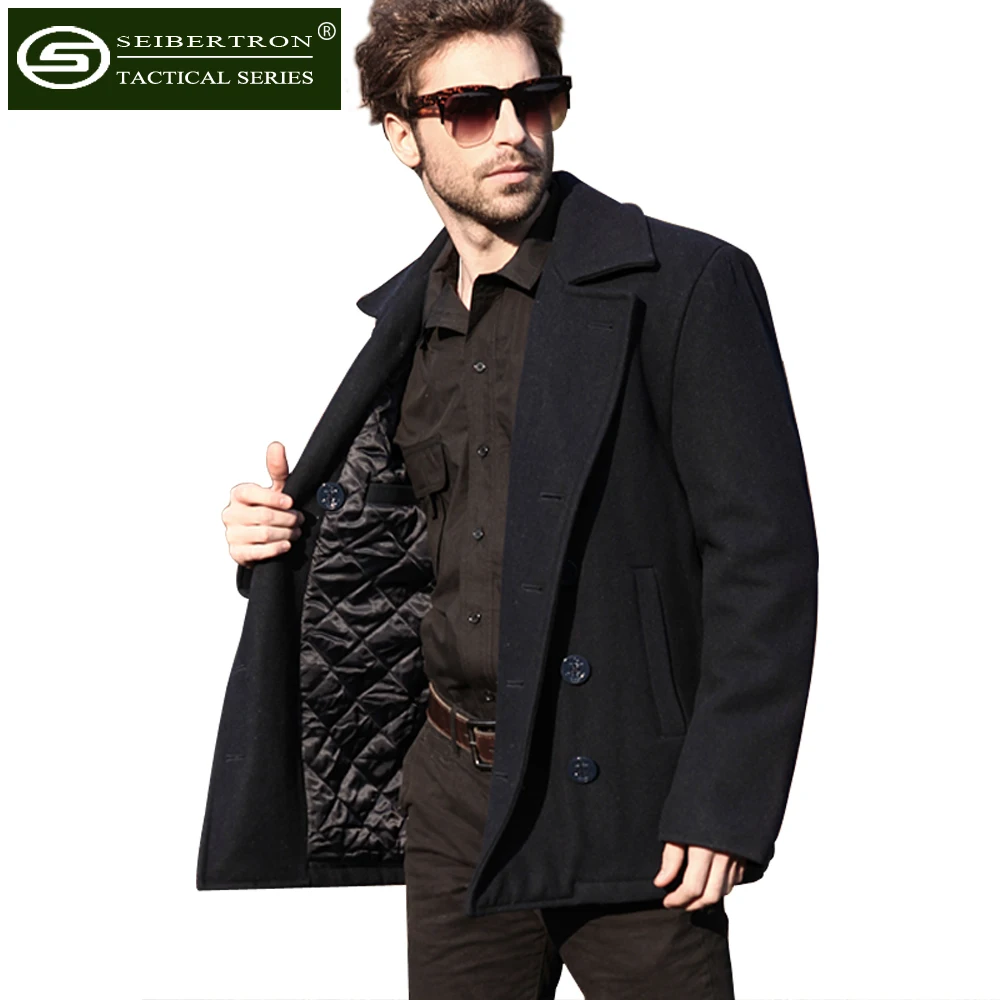 New Men\'s Woolen coat US Navy Type 80% Wool USN Pea Coat Leisure jacket Wool Blends Black Blue