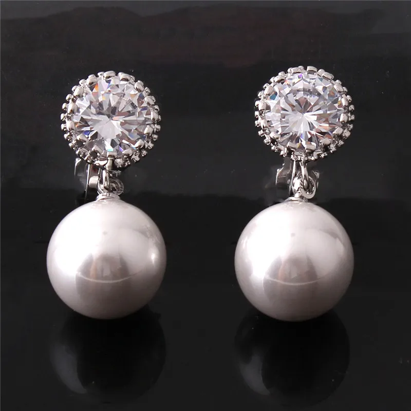 Top Quality Round Shape AAA Cubic Zircon Simulated Pearl Clip on Earrings Non Piercing for Women Elegant Ear Clip Not Allergy