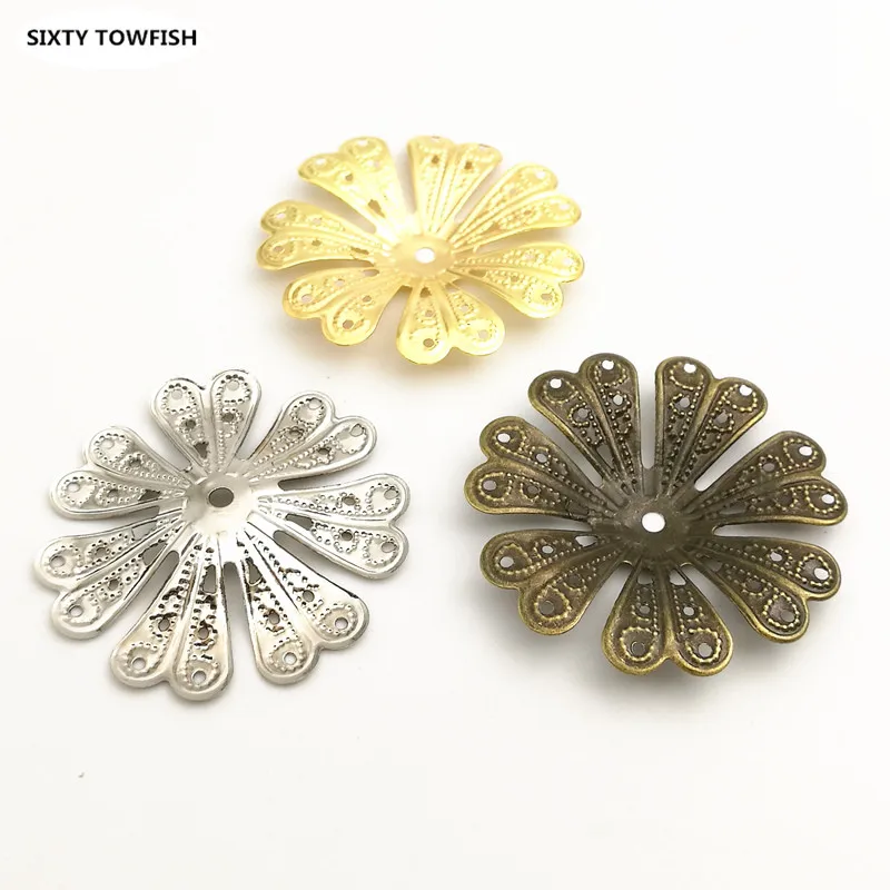 10/100 Pieces 39mm Gold color/White K Metal Filigree Flowers Slice Charms Base Settings Jewelry DIY Components Making