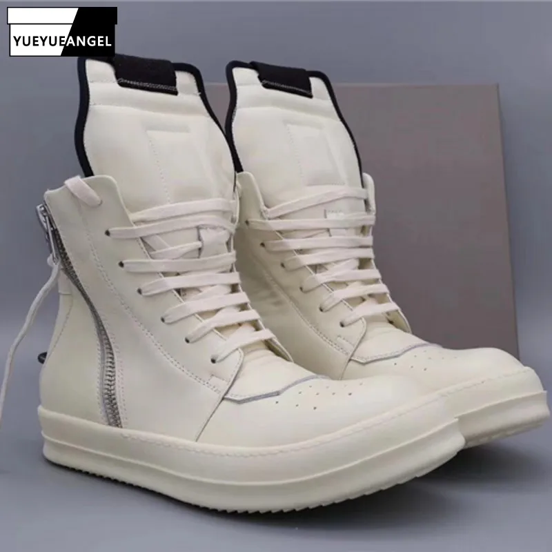 Men Brand Casual Shoes High-TOP Ankle Boots Genuine Leather Zipper Luxury Trainers Men Lace-up Zip Flats Platform Shoes Sneakers