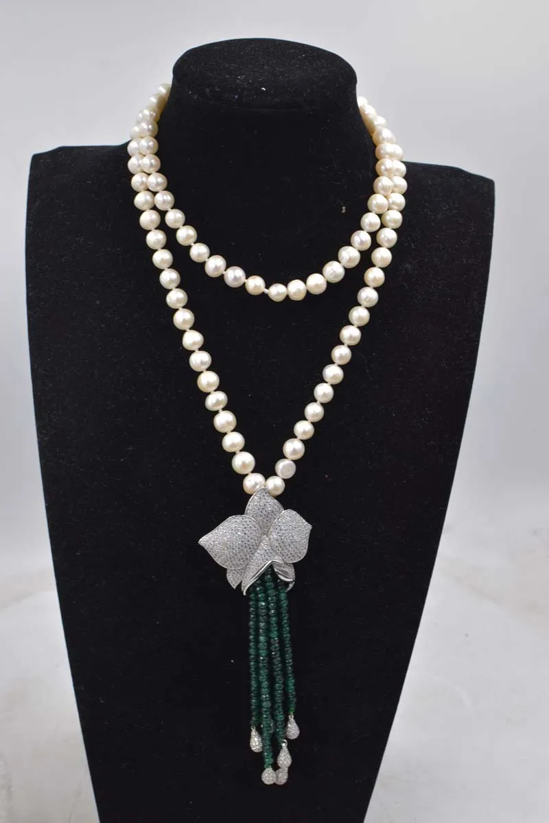 wholesale   freshwater pearl white round 8-9mm and green jades stone tassel  beads   neklace 35inch FPPJ