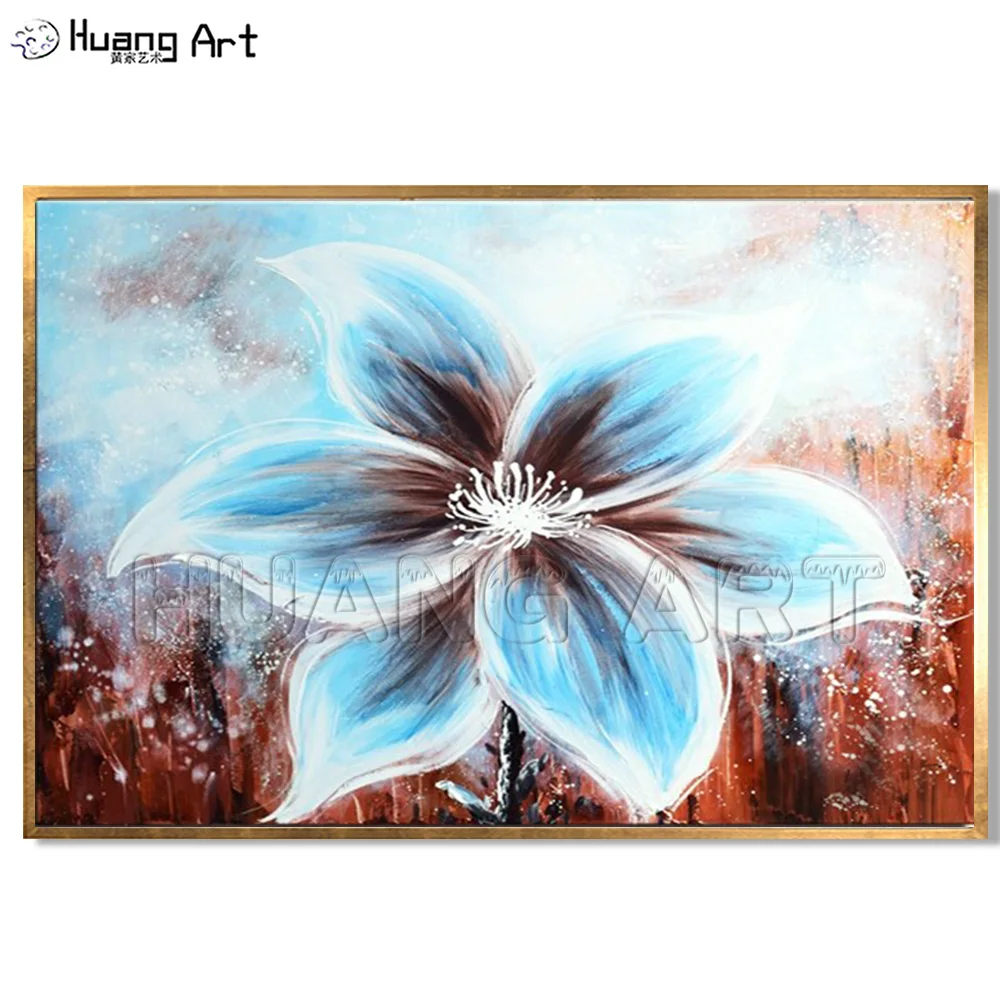 

New Style 100% Hand-painted Modern Big Flower Oil Painting on Canvas for Bed Room Decor Handmade Blue Flower Hang Painting